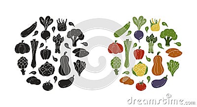 Graphic food print, poster with vegetables. Round illustration with carrot, beet, onion, corn, leaves, tomato Vector Illustration