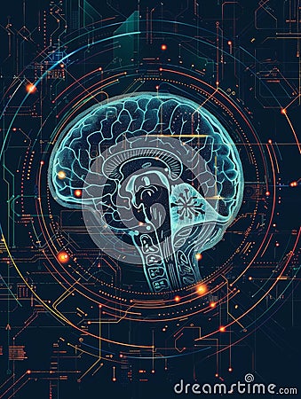Graphic of a futuristic braincomputer interface concept for advanced industrial and technological applications in the era of Stock Photo
