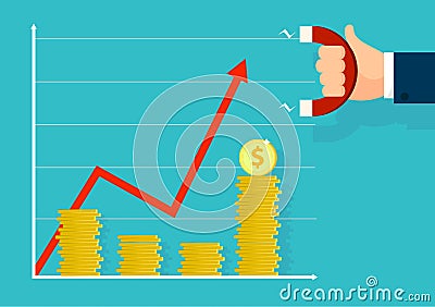 Graphic go up. Businessman holds magnet and attract good luck. Business chart goes upwards. Vector illustration design Cartoon Illustration