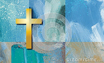 Graphic gold Christian cross blue grid brushstroke background Stock Photo