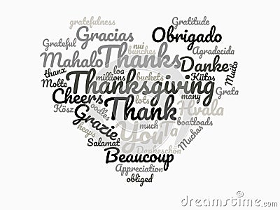 Graphic Grayscale Heart Wordcloud for Thanksgiving thank you gift, gratitude, thanks, love Inspiration in monochrome black-white Stock Photo