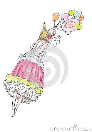 Graphic illustration of boho girl with balloons. Cartoon Illustration