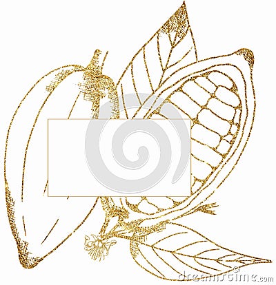 Graphic hand drawn vintage style cacao branch and golden liner frame illustration, floral wreath, cocoa leaves and pod border Cartoon Illustration