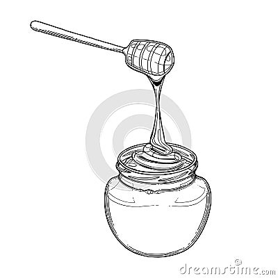 Graphic honey flowing from the drippers to the bottles Vector Illustration