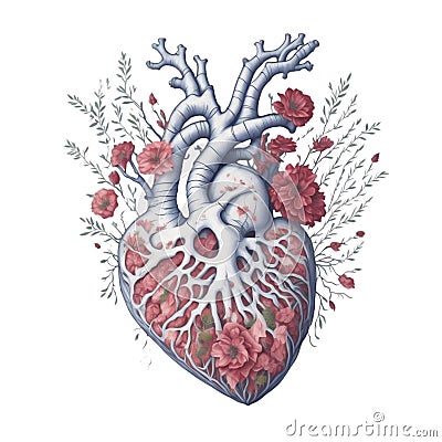 graphic human heart in flowers on white background Stock Photo