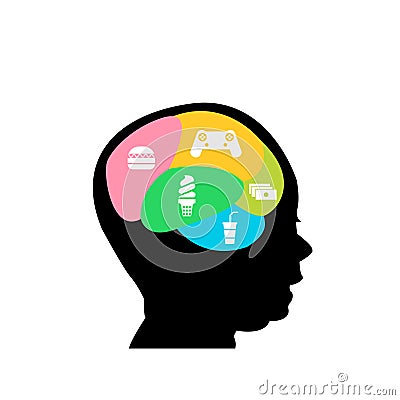 Graphic illustration of a boy head with brain game and junk food icon Cartoon Illustration