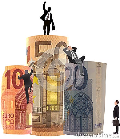 Graphic illustration of businessmen on a money pyramid Cartoon Illustration