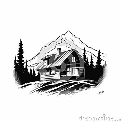 Bold Black And White Cabin Drawing Tattoo Style Commission Cartoon Illustration