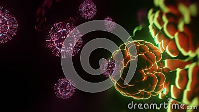 Graphic illustration of coronavirus cells connecting with a person\'s immune system Cartoon Illustration