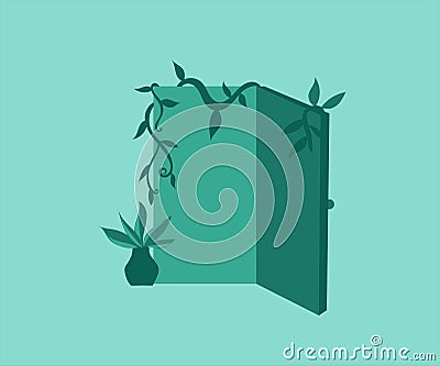 graphic illustration of a door filled with leaves signifying a cool life, Vector Illustration