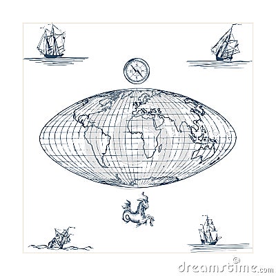 Graphic illustration of Earth globe map with compass and Sea goat. Drawn sketches of sailing vessels in vector. Vector Illustration