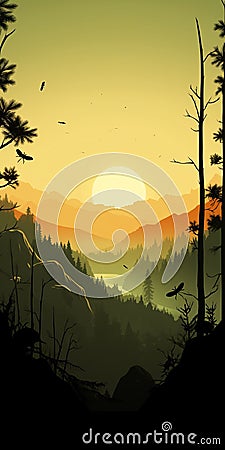 Silhouette Of Mountains And Sunset: Detailed Wildlife In Atmospheric Woodland Imagery Cartoon Illustration