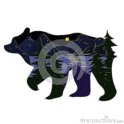 Graphic illustration in the form of a silhouette of a bear and nature inside. Night landscape of the moon lake Vector Illustration