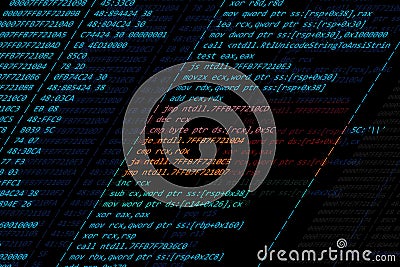 fragment disassembler real computer asm code diagonal blue green red on black background Cartoon Illustration