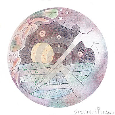 Graphic illustration of hand drawn abstract psyhedelic woman with long hair in the round frame with sun and sea. Watercolor Cartoon Illustration