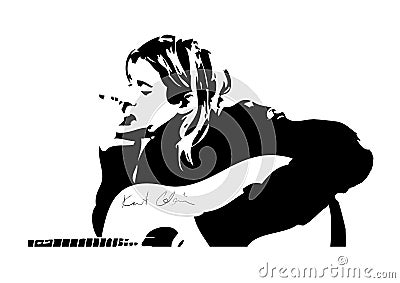 Graphic illustration of Kurt Cobain playing guitar and smoking Cartoon Illustration