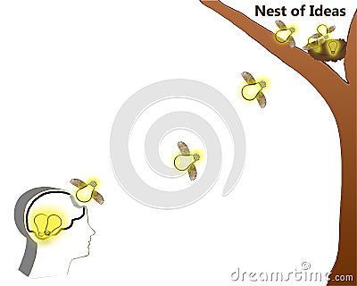 A graphic illustration with a nest in a tree and baby birds are light bulbs Stock Photo