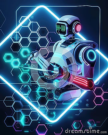Graphic of Illustration of a robot using AI to create a strategic plan set against a backdrop of glowing hexagons and minimal Stock Photo