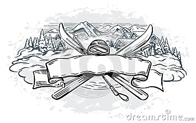 Graphic illustration with a set of objects symbolizing mountain skiing Vector Illustration