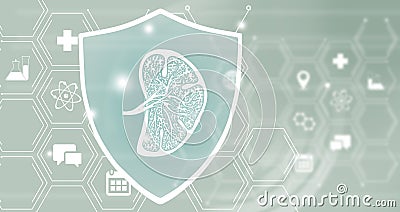 Graphic illustration of Spleen organ protected by a shield. Healthcare concept background with medical icons Stock Photo
