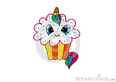 Drawing with colored markers cartoon cupcake or cake cartoon characters with eyes Stock Photo
