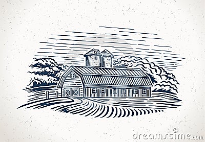 Graphic landscape with farm and field Vector Illustration