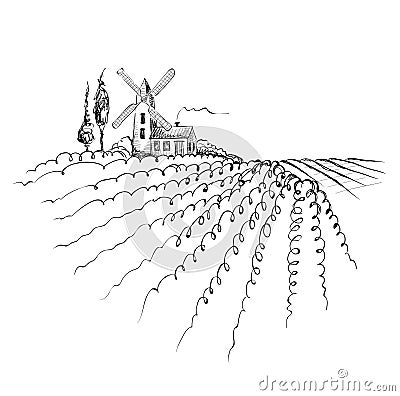 Graphic landscape with mill Vector Illustration