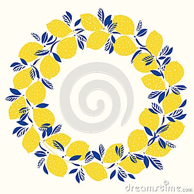 Graphic lemon summer wreath. Modern vibrant repeating design. Hand drawn trendy illustration. Vector Illustration