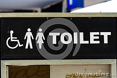 Graphic lettering toilet black and white sign Stock Photo