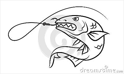 Graphic lines of fish hooked on a hook, vector Vector Illustration