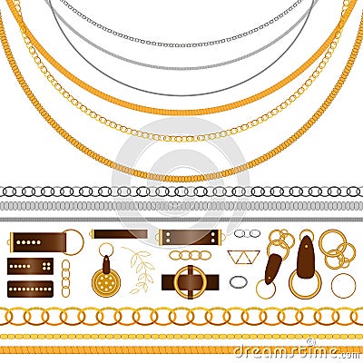 Graphic luxury metal vector collection with golden and silver objects for your design, ornament and texture. Big set of the belt Vector Illustration