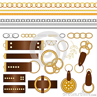 Graphic luxury metal vector collection with golden and silver objects for your design, ornament and texture. Big set of the belt Vector Illustration