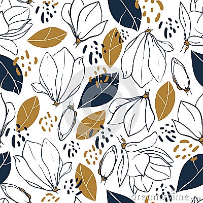 Graphic magnolia flowers,buds,leaves and jungle spots. Vector trendy seamless pattern in deep blue and mustard colors. Vector Illustration