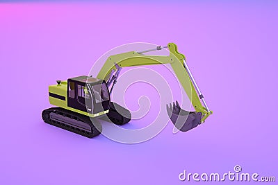 Graphic model of a yellow construction excavator on a purple, pink isolated background. Isometric model of a Stock Photo