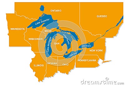 Graphic of the North American great lakes and their neighboring states Vector Illustration