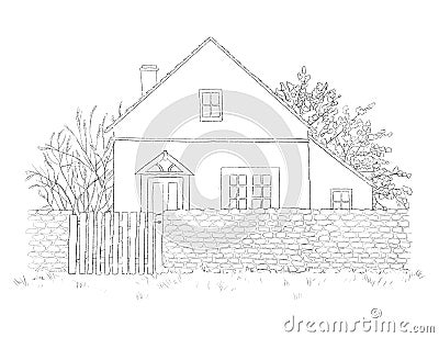 Graphic outline sketch spring landscape with country house, lawn and trees Cartoon Illustration