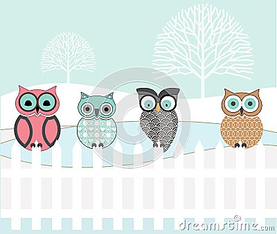 Graphic patterned set of Owls Vector Illustration