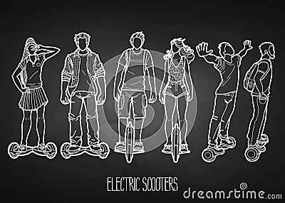 Graphic people riding on electric scooters Vector Illustration