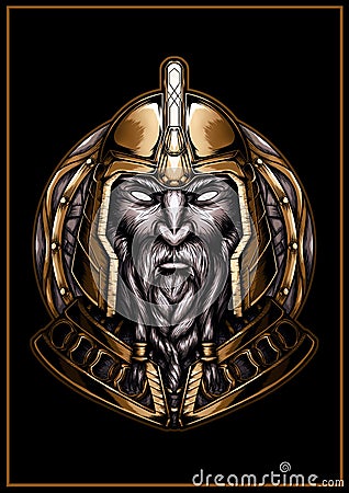 Graphic portrait of a nordic warrior in a gold armor on the background of a shield, a bust of a dwarf with a braided beard Stock Photo