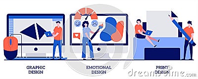 Graphic and print design, emotional engagement concept with tiny people. Design services vector illustration set. Landing web page Vector Illustration