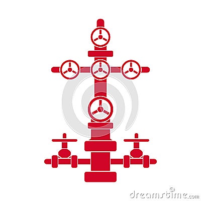 Graphic red flat vector wellhead icon isolated for petroleum industry; vector Christmas tree sign for oil and gas well Vector Illustration