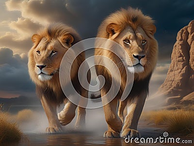 two lion friends walking calmly Stock Photo