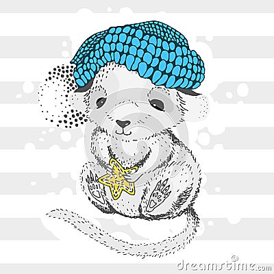 Graphic representation of a rat in a knitted hat with a gingerbread in paws. cheerful children\'s character, for T-shirt prints, Vector Illustration