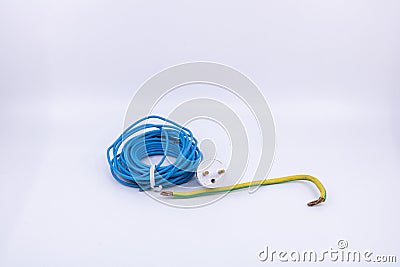 Graphic resource for electrician, electromechanic, isolated objects electric wires and electric plug on white background Stock Photo