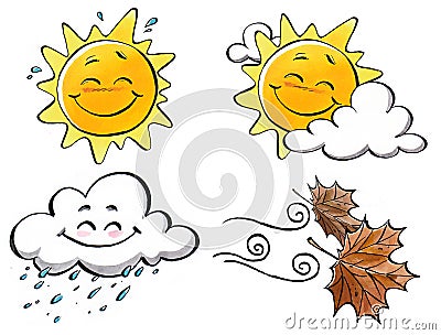 Graphic resources of meteorology: sun, cloudy, rain, and wind Stock Photo