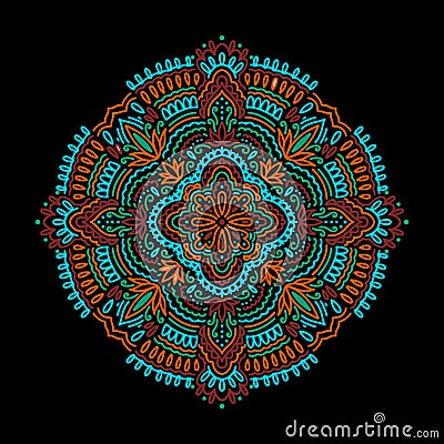 Graphic round mandala abstract isolated in black background.Boho indian shape.Ethnic oriental style. Vector Illustration