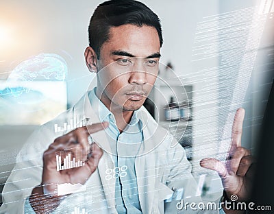 Graphic screen, planning and a doctor with research on the brain, neurology or futuristic data. Serious, healthcare and Stock Photo