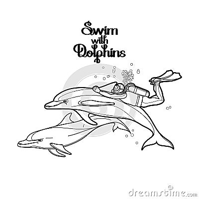 Graphic scuba diver riding the dolphin Vector Illustration