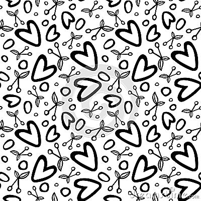 Graphic seamless pattern with cherry and heart romantic elements on white background.. Vector Illustration