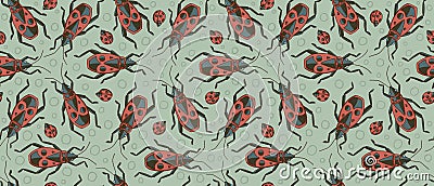 Graphic seamless pattern with ladybugs and firebugs in red, grey and brown colors on a light green background Cartoon Illustration